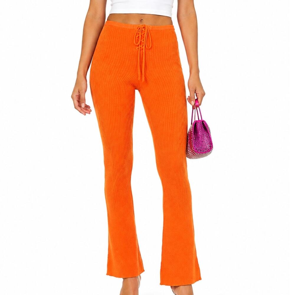 Camila Coelho Artemis Lace Up Knit Pants Orange Womens S Flare Revolve